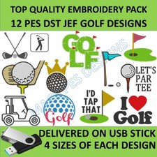 Golf PES JEF DST Stickmotive auf USB. Brother Machine, 12er Pack Golferschl&auml;ger