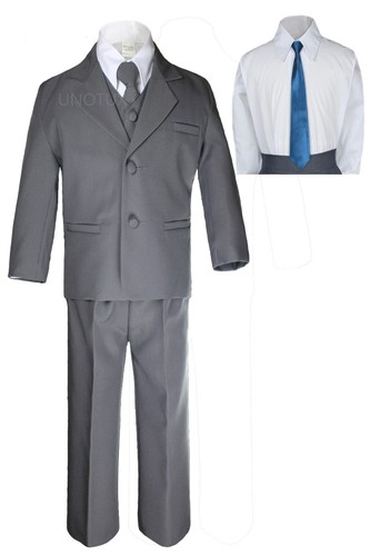 6pc Boy Kids Teen Dark Grey Formal Wedding Party Suits Tuxedo Satin Necktie 5-20 - Picture 25 of 28