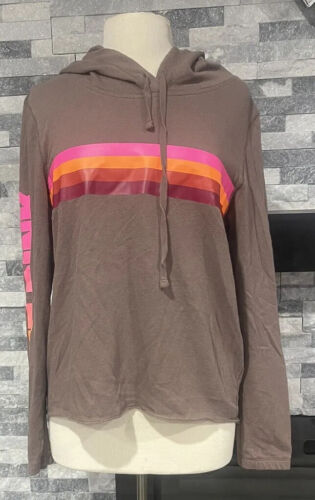 Victoria's Secret Pink Lightweight Hoodie Rainbow Stripe Women Size L Brown