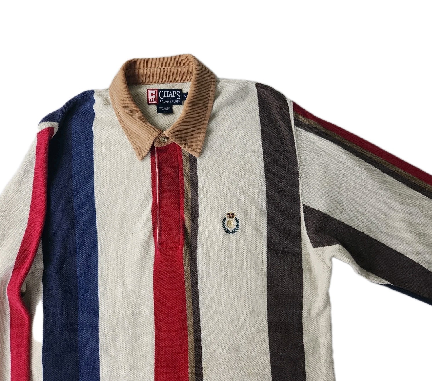 VTG 90s Chaps Ralph Lauren Med Vertical Striped Rugby Shirt Tan Corduroy Collar