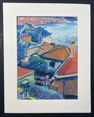 Vtg Impressionism Pastel Drawing Seaside Village Coastal View 10x8  Art
