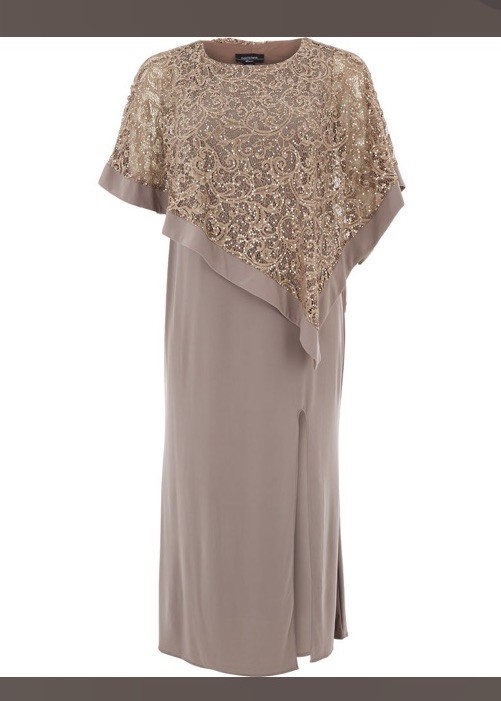R &M RICHARDS Champagne Beige Sequin Front Slit Overlay Shawl Maxi Dress  Size 24