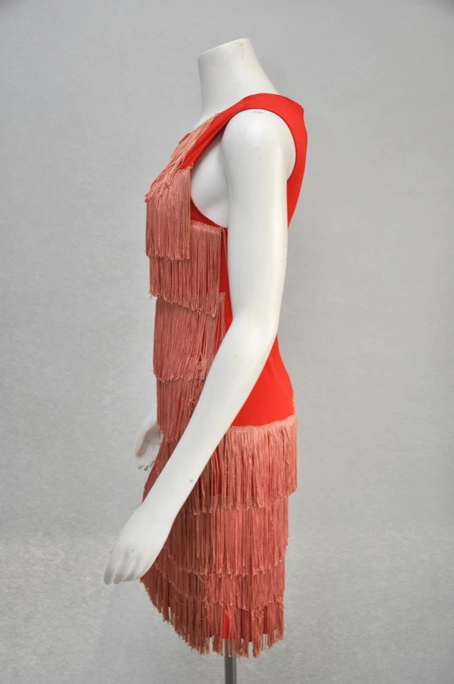 Vestido de fiesta vintage años 60 naranja rojo sin mangas flecos aleta nuevo XS/S Foto 4 de 4
