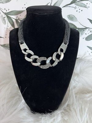 Express Gunmetal Chunky Chain Choker Necklace Silver Black Tone Rhinestone Goth