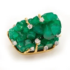 Cellino Chatham Emerald 18K Yellow Gold Diamond Brooch c. 1970s (20702-NOHHH)