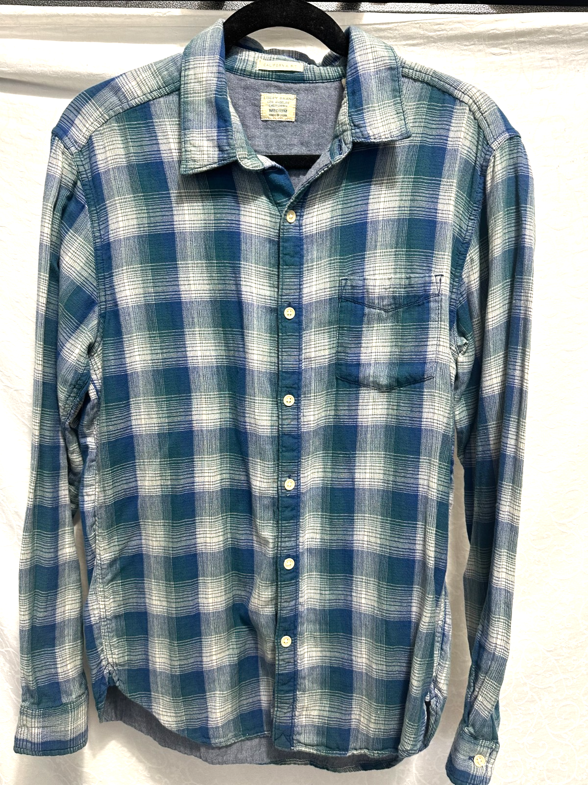 Lucky Brand Men's Med California Fit Blue Plaid Long Sleeve Button Front Shirt