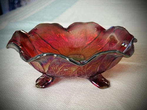 Vintage Imperial Glass (IG) Acanthus Leaf Red Carnival 6.75” Glass Footed Bowl