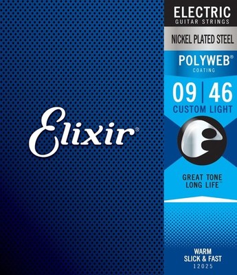 Elixir Nickel Plated 12025 Electric Guitar Strings, Nanoweb Cust.Light .009-.046