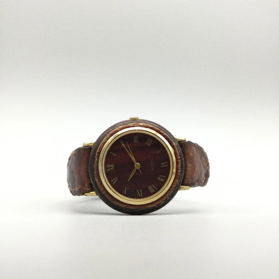 复古木质手表女式 33 毫米木纹编织皮革表带全新电池 — 第 4/4 张图片