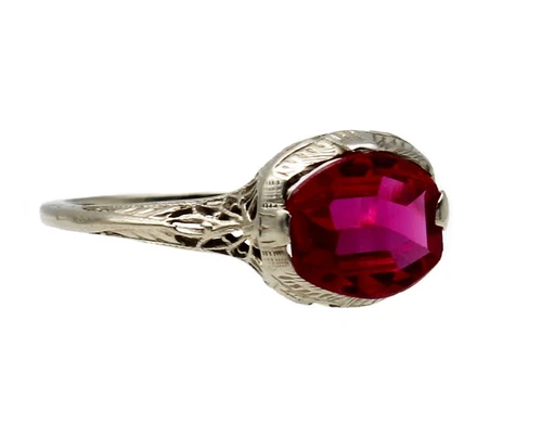 1920s Art Deco 14K White Gold Filigree Ring Red Ruby Size 7 Vintage Deco Jewelry