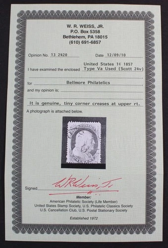 CKStamps: US Stamps Collection Scott#24 1c Franklin Used Cert