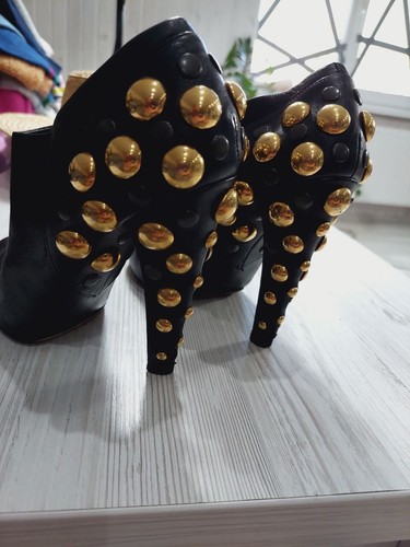 Gucci Babouska Black Leather Ankle Booties Gold Studded Size 37 - Picture 14 of 19