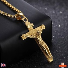 Crucifix Jesus Mens Women Chain Necklace 18K Gold plated Cross Copper Pendant UK