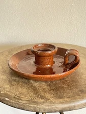 Early Jugtown Brown Tobacco Spit Candlestick Holder 6.5"W Seagrove NC Pottery