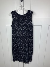 Tahari Size 10 Navy Silver Lace Sheath Dress Knee Length Sleeveless Cocktail 