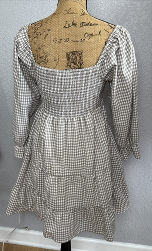 Dress Womens Linen Gingham Check Beige Tiered Smocked Milkmaid Peasant NWT M - Picture 5 of 23