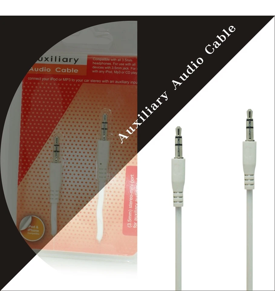 3.5mm Stereo White Color Male to Male Jack Port Extension Audio Aux Cable - Image 2 of 2