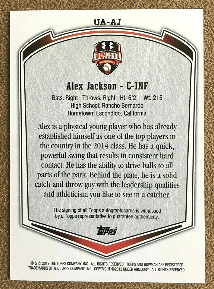 Alex Jackson 2012 Bowman Under Armour All-American autógrafo novato #UA-AJ/199 Foto 3 de 3