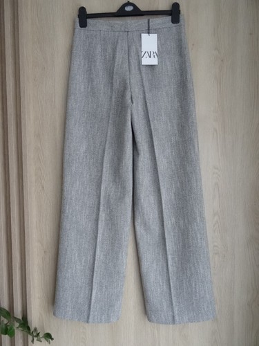 ZARA GREY ECRU STRUCTURED WOOL BLEND WIDE-LEG TROUSERS SIZE S UK 10 - Picture 12 of 13