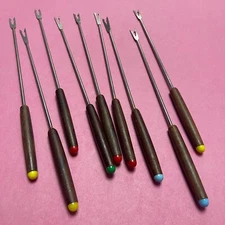 Set 9 vintage 1960s fondue color  wooden stainless steel skewers fondue forks