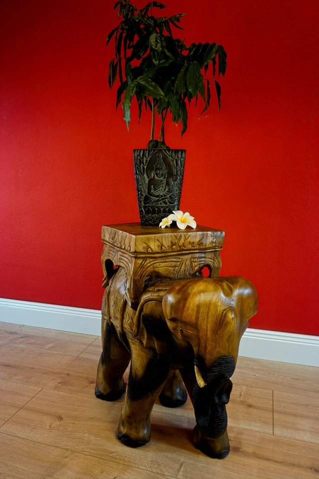 Elephant Side Table Brown Acacia Solid Wood Flower Stool Table Carving - Image 3 of 4