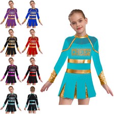 UK Kids Girls Cheerleading Dance Costume Long Sleeve Pleated Dress Dance Outfits