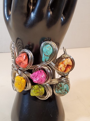 Handmade Large Chucky Wire Wrapped Multi Natural Stone Bracelet - Picture 2 of 6