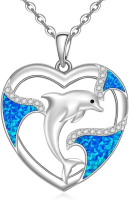 Dolphin Necklace for Women Sterling Silver Ocean Blue Wave Heart Pendant Gifts