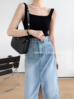 KHAITE Double Pocket High Waisted Denim Skirt, Women's Split Half Skirt Spring