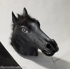 DELUXE BLACK HORSE w/HAIRY MANE ADULT LATEX OVERHEAD ANIMAL MASK-BLACK STALLION