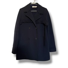 Tory Burch Coat Womens M Navy Blue Wool Blend Ruffle Double Breasted 35081