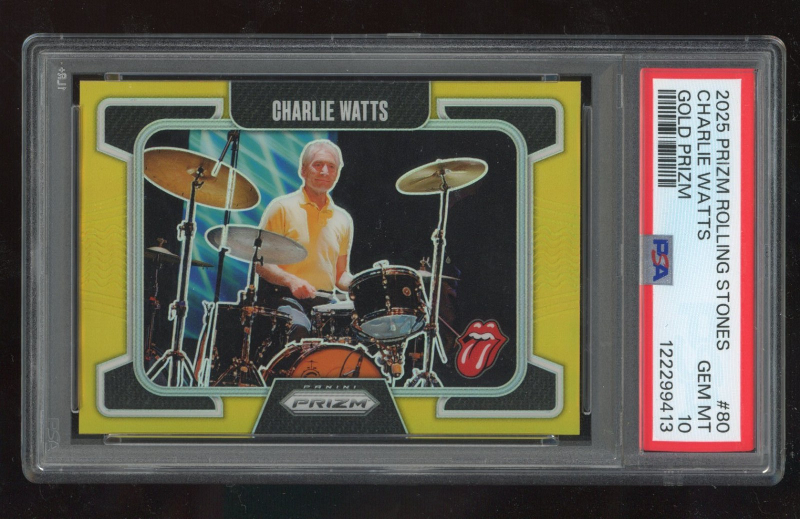 Charlie Watts 2025 Panini Prizm Rolling Stones Gold Prizm #d 5/10 PSA 10 POP 1