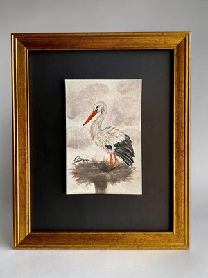 White Stork Original Watercolor Painting, Bird Nest Art, Framed Wildlife Decor