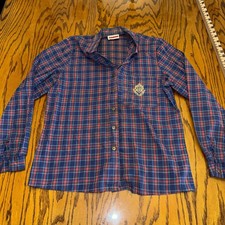 Vintage 70s Judy Bond Plaid Button Down Shirt Embroidered Crest Made in USA
