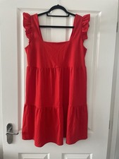 Primark Ladies Red Summer Dress Frill Sleeve Tiered Mini Smock Square Neck large
