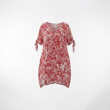 Linen Floral Cold Shoulder Dress Red Tropical V-Neck High-Low Made in Italy