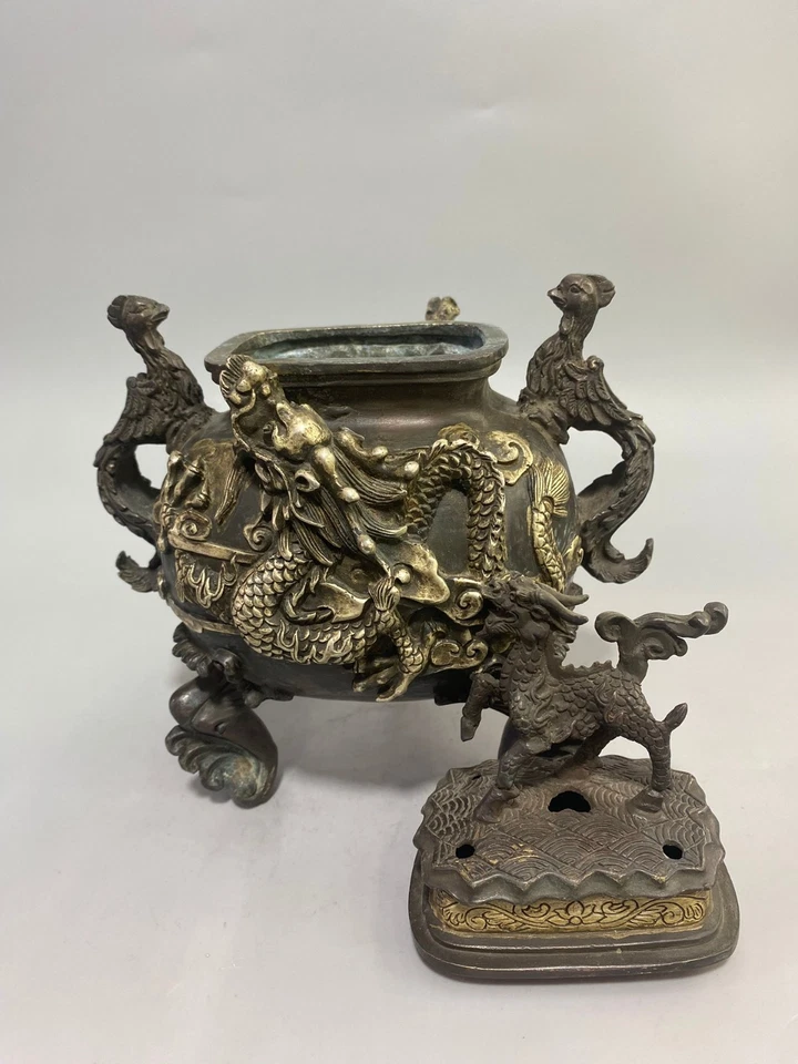 Quemador de incienso Qilin dragón fénix plata dorada cobre puro Foto 4 de 4