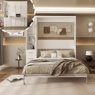 Murphy Wall Bed with Integrated Desk and Side Cabinets Queen Size White Grey