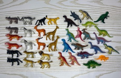Plastic Animal & Dinosaur Toy Figures Lot (38) Zoo Safari Prehistoric Mix Mini