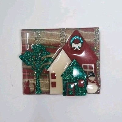 Vintage Lucinda House Pins Resin Christmas Red Green Tree Brooch Snowman Rare