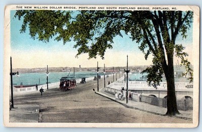 c1920 Portland Maine ME Vintage Postcard New Million Dollar Bridge Streetcar