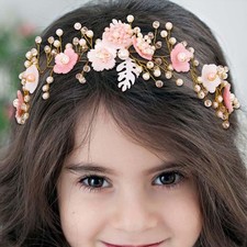 Wedding Flower Girl Headpiece Pink Pearl Crystal Floral Headband Hair Access