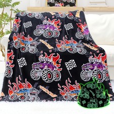 Boys Truck Toys Glow in Throw Size 50" x 60" 130 x 150 cm , Black Blanket