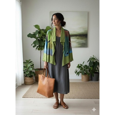 #ad Vtg 90s FARLEY FARLEY Hand Painted Linen Jacket Lagenlook Art To Wear Boxy Med $125.00