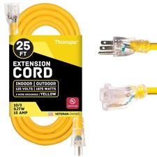 25 Foot Lighted Outdoor Extension Cord - 10/3 SJTW Yellow 10 Gauge Cable with 3