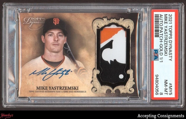 2021 Topps Dynasty Gold Mike Yastrzemski GAME USED LOGOMAN PATCH AUTO 1/1 PSA 8