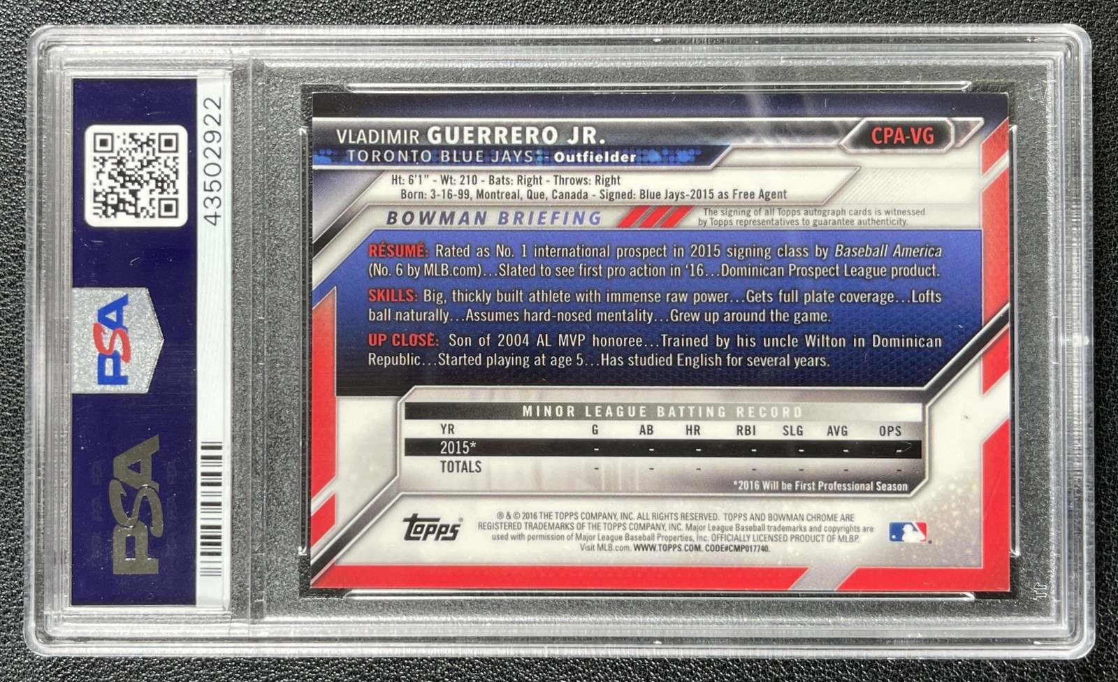 VLADIMIR GUERRERO JR. PSA 10 2016 BOWMAN CHROME #CPA-VG 1ST PROSPECT AUTO 2922 view 2