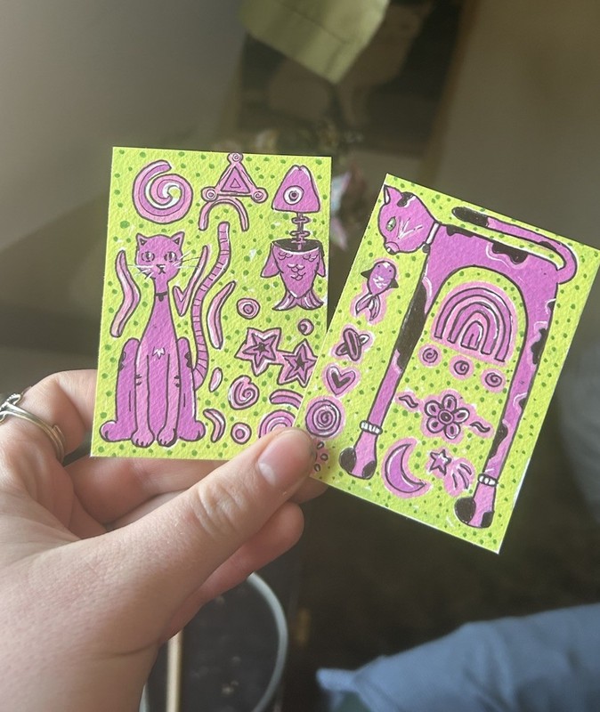ACEO original painting double trouble cats fish pink green doodle iylaskyart