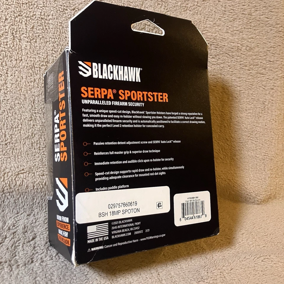 Blackhawk Serpa Sportster Funda Derecha Colt 1911 y Clones Plataforma de Paleta Derecha Foto 2 de 4