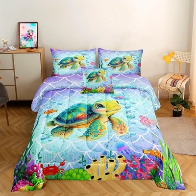 ROWADALO 5 Pieces Sea Turtle Bed in a Bag Twin Size Ocean Theme Comforter Set...